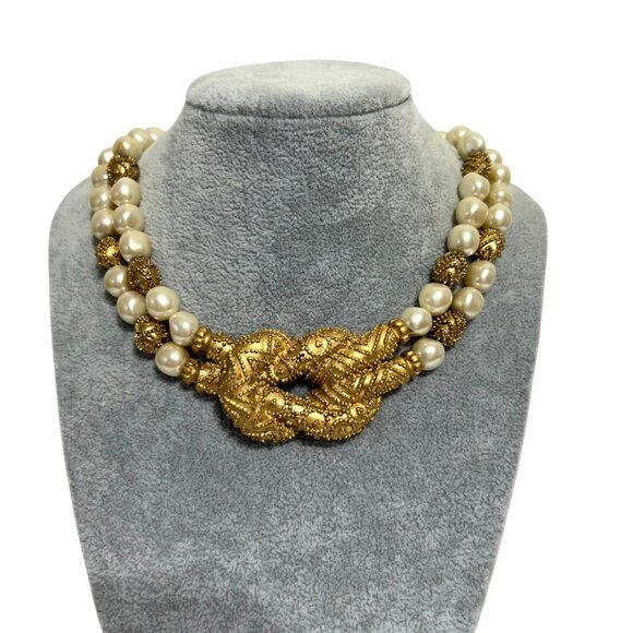 Vintage 1988 FM Double-Strand Faux Pearl Gold Tone Braided Necklace - Picture 1 of 11